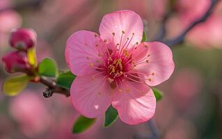 ai generato un' vivace rosa pesca fiore fioriture con grazia su un' radiante primavera giorno foto