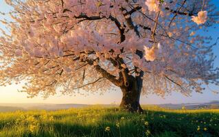 ai generato un' bellissimo ciliegia albero nel pieno fioritura, suo tenero fiori la creazione di un incantevole Schermo di della natura eleganza foto