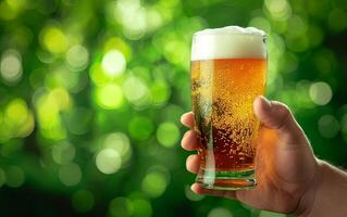 ai generato un' uomo Tenere un' bicchiere freddo, fresco birra su un' sfocato verde sfondo, la creazione di il Perfetto ambiance per st. Patrick giorno celebrazioni con copia spazio foto