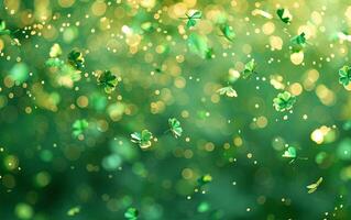 ai generato st. Patrick giorno trifoglio coriandoli con verde bokeh, la creazione di un' festivo e vivace atmosfera foto