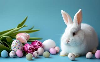 ai generato Pasqua sfondo con un' carino bianca coniglietto seduta Il prossimo per il decorato colori pastello Pasqua uova, tulipani, e caramelle foto