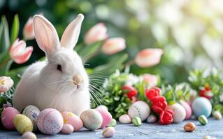 ai generato Pasqua sfondo con un' carino bianca coniglietto seduta Il prossimo per il decorato colori pastello Pasqua uova, tulipani, e caramelle foto