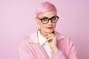 ai generato ritratto di un' Calvo donna con rosa capelli studio sparo. ai generato foto