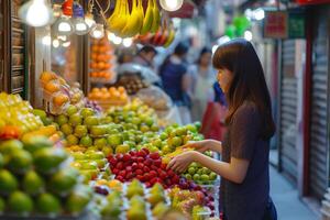 ai generato giovane donna raccolta frutta a drogheria negozio. foto