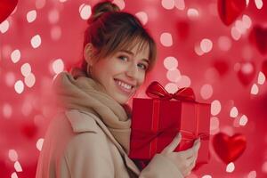 ai generato contento donna Tenere un' regalo con cuore decorazioni. foto