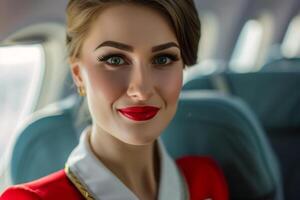 ai generato bellissimo femmina hostess nel aereo foto