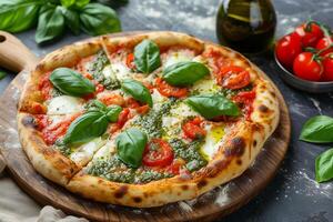 ai generato fresco margherita Pizza con basilico e pomodoro. foto