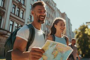 ai generato allegro turista coppia guardare a carta geografica e sorridente mentre a piedi nel città. foto
