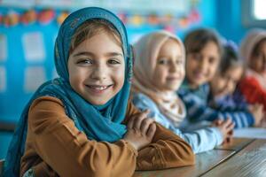 ai generato ritratto di un' giovane ragazza con hijab nel aula con ai generato. foto