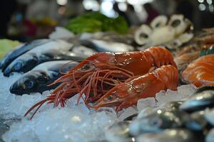 ai generato fresco frutti di mare su ghiaccio a mercato Schermo. foto