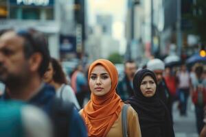 ai generato diverso individui coesistere nel un' città. a partire dal diverso etnico sfondi, età gruppi, e generi. foto