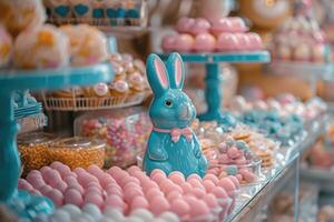 ai generato Pasqua caramella negozio Schermo con un' affascinante blu coniglietto figurina tra un Vettore di pastello colorato dolci e ossequi foto