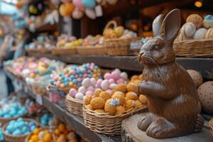 ai generato Pasqua coniglietto con è circondato di un assortimento di colorato Pasqua uova e decorazioni foto