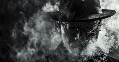 ai generato monocromatico Immagine di mafioso silhouette fumo su nero sfondo, vicino su foto