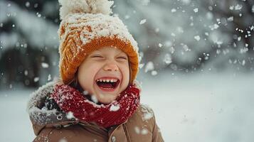 ai generato ritratto di un' sorridente ragazzo nel inverno Abiti giocando con neve nel il parco, ai generativo foto