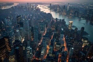 ai generato nuovo York città Manhattan centro grattacieli a tramonto. foto