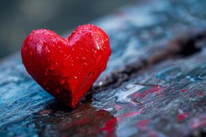 ai generato un' rosso cuore seduta su un' di legno panchina con acqua gocce su esso foto