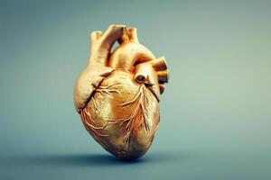 ai generato un' 3d modello di un' umano cuore con un' d'oro lucentezza su un' dai toni blu sfondo foto