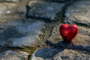 ai generato un' rosso cuore si siede su un' pietra sentiero. foto