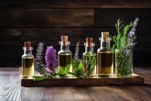 ai generato un assortimento di essenziale olio bottiglie con fresco impianti come come lavanda, menta piperita e rosmarino foto