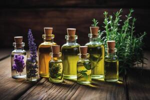 ai generato un assortimento di essenziale olio bottiglie con fresco impianti come come lavanda, menta piperita e rosmarino foto