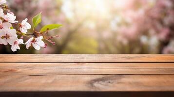 ai generato vuoto di legno tavolo nel sakura fiore parco con giardino bokeh sfondo con un' nazione all'aperto tema, modello finto su per Schermo di Prodotto foto