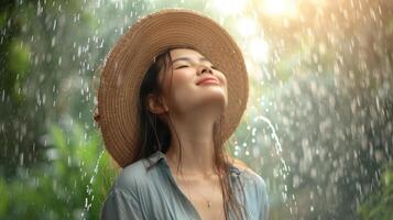 ai generato bellissimo asiatico donna è contento nel il pioggia foto