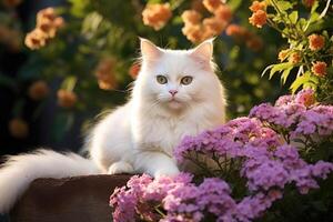 ai generato bianca gatto con di fiori su il giardino. foto