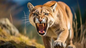 ai generato ruggente Puma o montagna Leone cacce suo preda foto