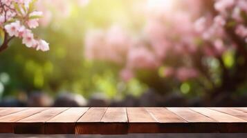 ai generato vuoto di legno tavolo nel sakura fiore parco con giardino bokeh sfondo con un' nazione all'aperto tema, modello finto su per Schermo di Prodotto foto
