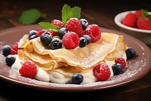 ai generato crepes con fresco frutti di bosco e crema foto