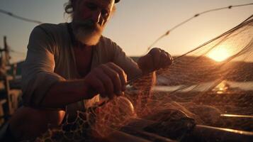 ai generato pescatore con un' pesca netto foto