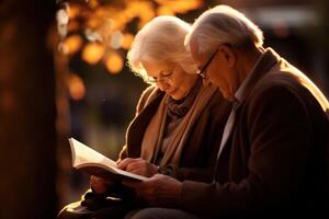 ai generato anziano coppia seduta su un' panca, lettura un' libro insieme. foto