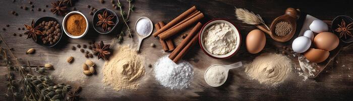 ai generato rustico culinario sinfonia su Di legno, un' tableau di cottura al forno ingredienti e spezie pronto per il alchimia di cucinando. foto