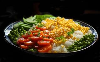 ai generato salutare delizioso verde piselli pomodoro e Mais vegetariano cibo su un' piatto foto