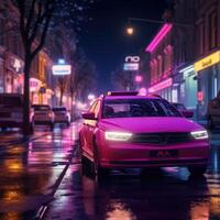 ai generato Taxi auto su un' bagnato strada strada nel il città a notte. bellissimo notte neon viola illuminazione con auto dopo pesante pioggia. professionale cinematico colore stile. foto