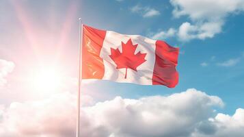 ai generato bandiera di il Canada agitando nel il vento nel davanti di il sole. canadese bandiera contro il blu cielo. foto