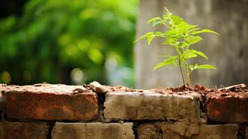 ai generato piccolo verde pianta in crescita su su di il vecchio mattone parete. concetto di ispirazione. foto