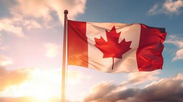 ai generato bandiera di il Canada agitando nel il vento nel davanti di il sole. canadese bandiera contro il blu cielo. foto
