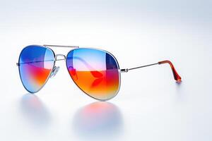 ai generato occhiali da sole con colorato lenti a contatto su un' bianca sfondo foto