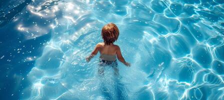 ai generato giovane ragazzo godendo un' rinfrescante nuotare nel il piscina con copia spazio per testo posizionamento su un' soleggiato giorno foto