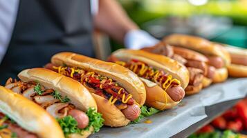 ai generato vicino su di un' qualificato strada venditore vendita hot dog nel un' vivace città ambiente foto