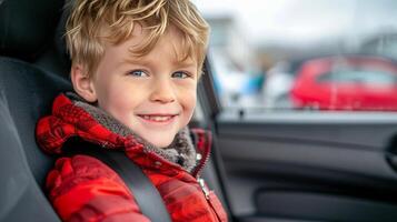 ai generato allegro ragazzo nel sicuro auto posto a sedere, evidenziazione viaggio sicurezza e bambino protezione foto