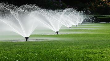 ai generato automatico giardino spruzzatore sistema garantendo lussureggiante verde prato nel Giardino dietro la casa paesaggio foto