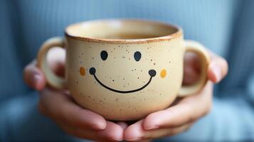 ai generato contento mattina concetto Immagine di mani Tenere un' caffè tazza con un' sorridente viso boccale foto