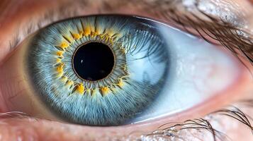 ai generato altamente dettagliato vicino su Visualizza di un' umano occhio con intricato dettagli e textures foto