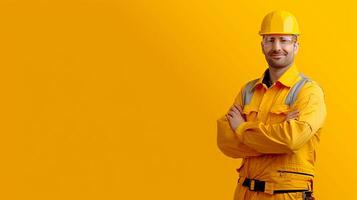 ai generato sorridente costruttore lavoratore nel uniforme e sicurezza casco, lavoro duro e faticoso giorno celebrazione con testo spazio foto