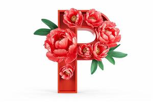 ai generato elegante 3d lettera p artigianale a partire dal vivace peonia fiori, isolato su un' incontaminato bianca sfondo foto