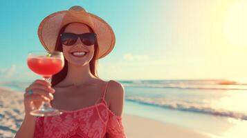 ai generato attraente donna godendo Margherita cocktail su tropicale spiaggia nel soleggiato estate giorno con copia spazio foto