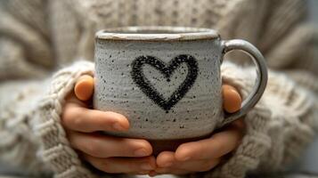 ai generato mattina beatitudine mani Tenere un' caffè tazza con cuore simbolo, evocando amore e felicità. foto
